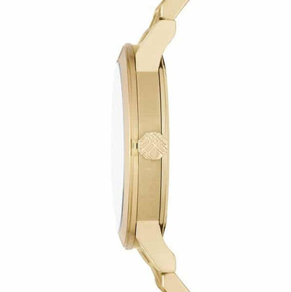 Side angle view of Burberry BU9038 unisex watch with polished gold stainless steel strap