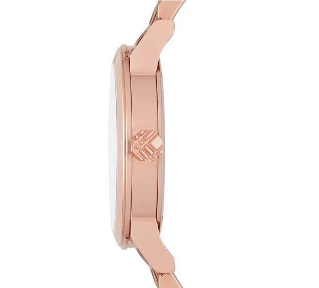 Side view of Burberry BU9146 women’s The City rose gold watch