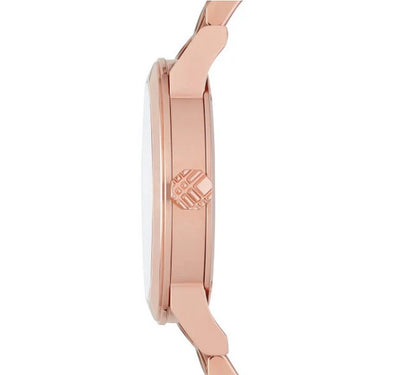 Side view of Burberry BU9146 women’s The City rose gold watch