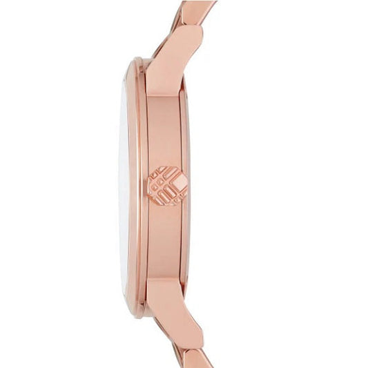 Side view of Burberry BU9146 women’s The City rose gold watch