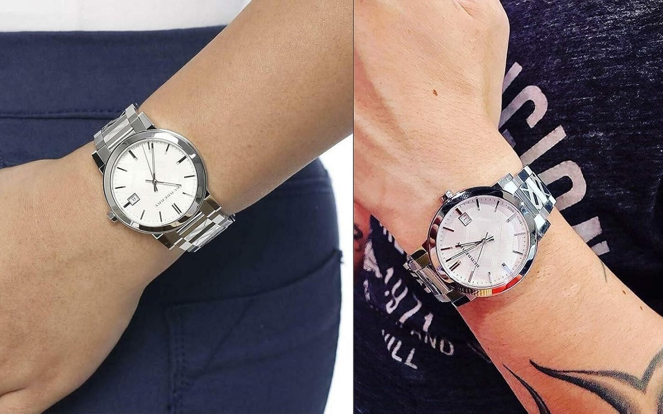 Burberry BU9037 The City unisex watch worn on wrist – silver design