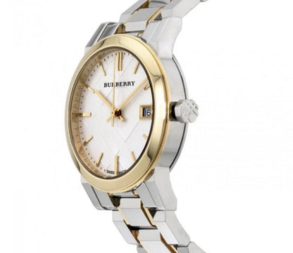 Angled view of Burberry BU9115 stainless steel women’s watch with gold case