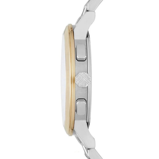 Side view of Burberry BU9751 watch with stainless steel silver and gold strap