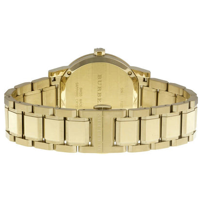 Back case of Burberry BU9033 unisex gold watch with engraved stainless steel details