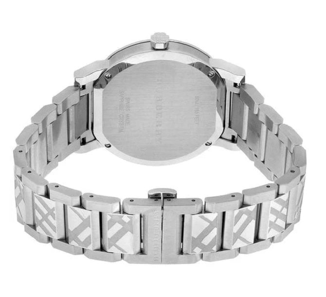 Back case of Burberry BU9037 unisex watch with engraved stainless steel details