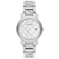 Front view of Burberry BU9037 unisex silver stainless steel watch with silver dial and minimalist design