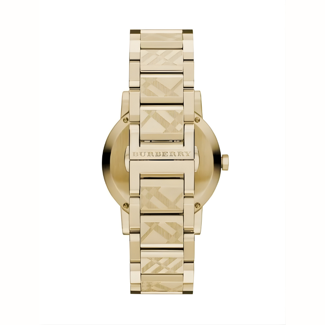 Back case of Burberry BU9038 unisex watch with engraved stainless steel details