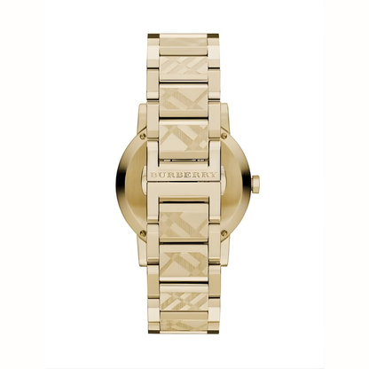 Back case of Burberry BU9038 unisex watch with engraved stainless steel details