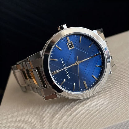 Close-up shot of blue dial on Burberry BU9031 unisex watch