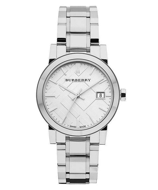 Elegant front view of Burberry BU9100 The City women’s watch with silver stainless steel strap and dial