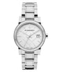 Elegant front view of Burberry BU9100 The City women’s watch with silver stainless steel strap and dial