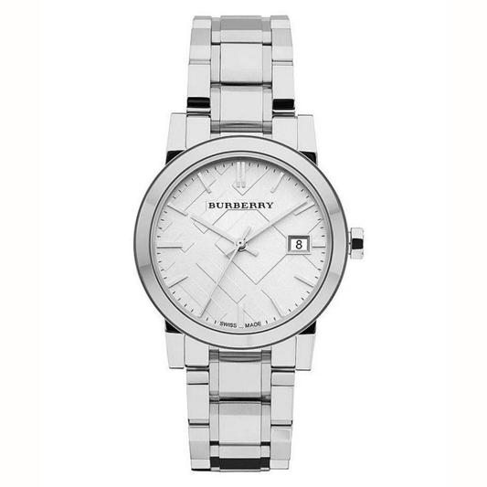 Elegant front view of Burberry BU9100 The City women’s watch with silver stainless steel strap and dial