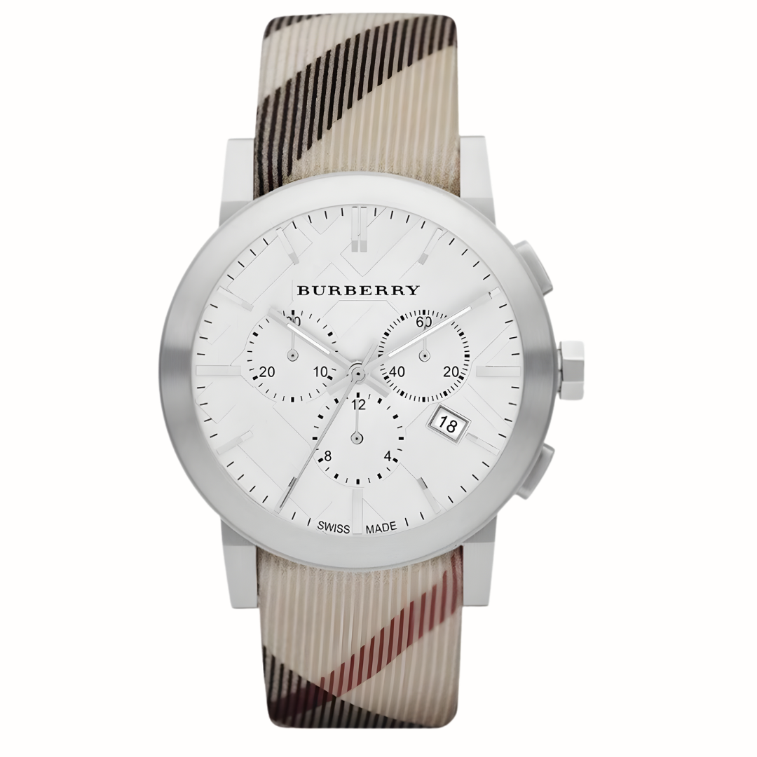 Front view of Burberry BU9357 The City men’s watch with multicolour leather strap and silver dial