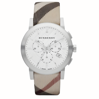 Front view of Burberry BU9357 The City men’s watch with multicolour leather strap and silver dial