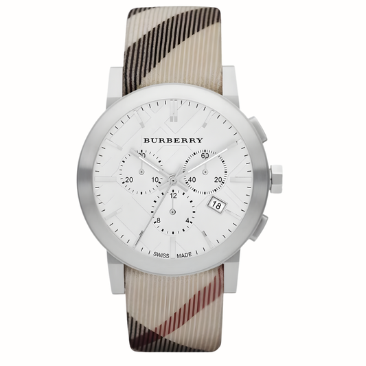 Front view of Burberry BU9357 The City men’s watch with multicolour leather strap and silver dial