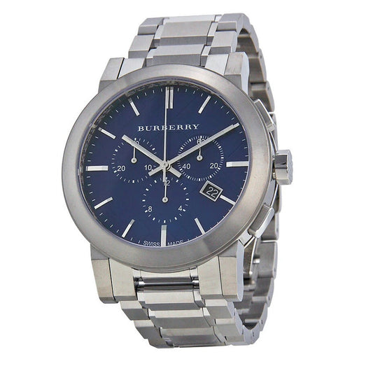 Close-up of Burberry BU9363 watch showing deep blue dial and silver indices