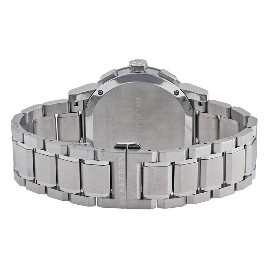 Back case view of Burberry BU9363 men’s watch highlighting stainless steel finish
