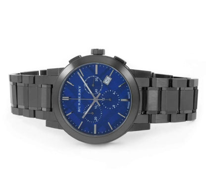 Close-up shot of Burberry BU9365 blue dial with minimalist markers