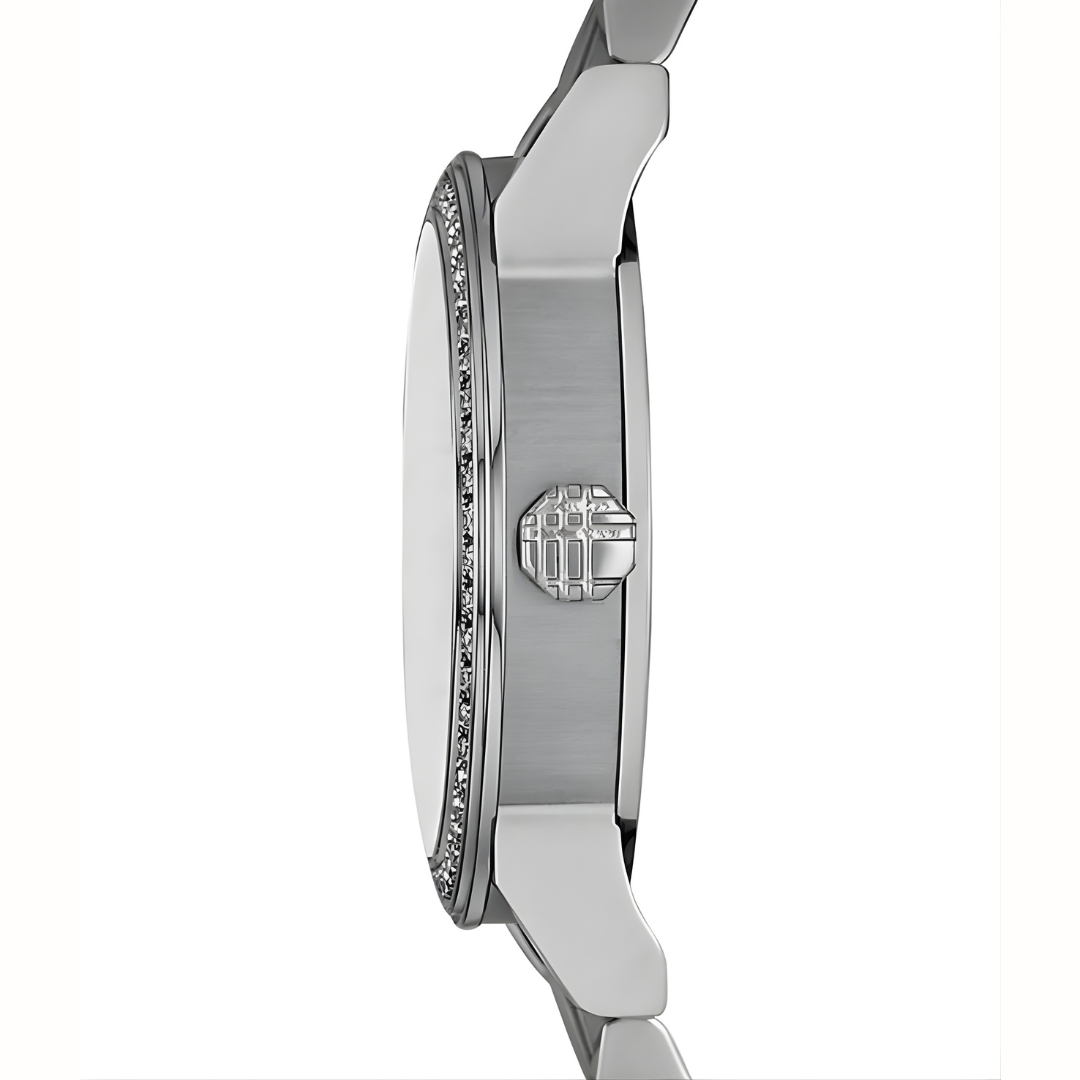 Side angled view of Burberry BU9220 crystal silver ladies watch