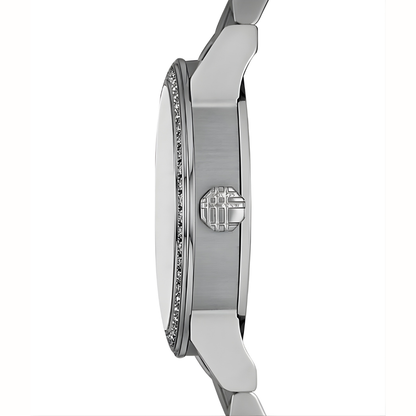 Side angled view of Burberry BU9220 crystal silver ladies watch