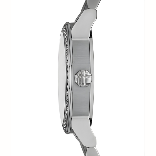 Side angled view of Burberry BU9220 crystal silver ladies watch