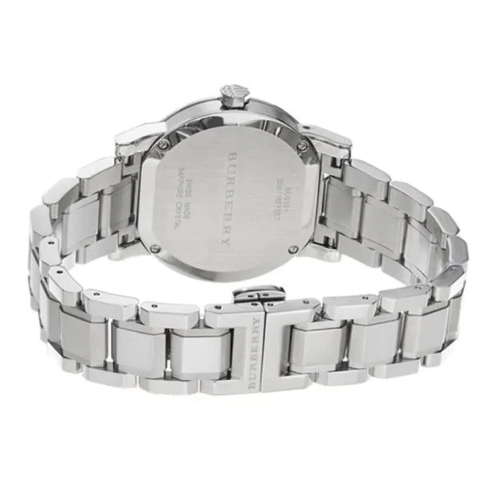 Back case of Burberry BU9100 women’s stainless steel watch showing engraved branding