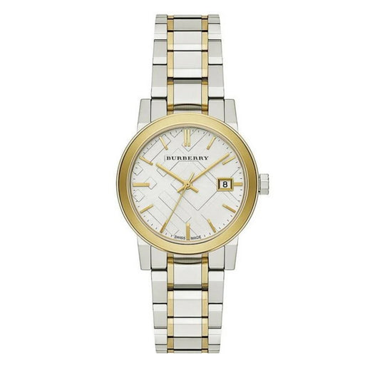 Front view of Burberry BU9115 The City women’s watch with silver and gold two-tone strap