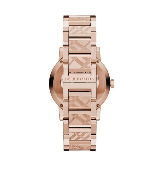Back case of Burberry BU9146 rose gold watch with stainless steel engraving