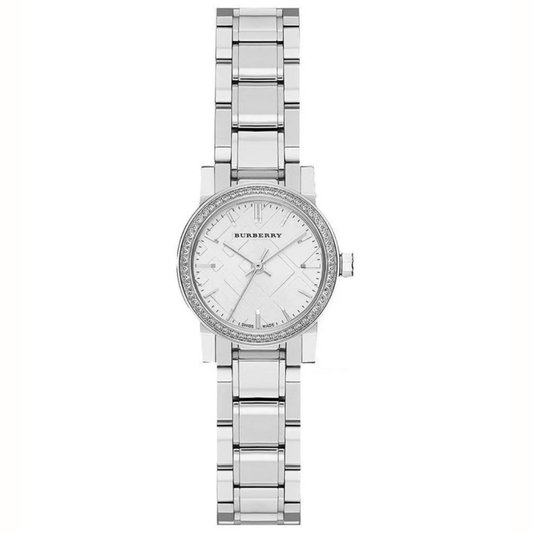 Front view of Burberry Women’s BU9220 silver stainless steel watch with crystal accents