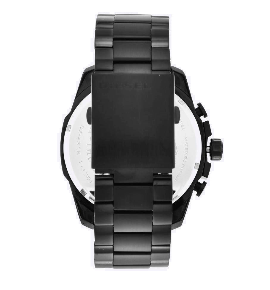 Rear view of the Diesel DZ4318 men's watch showing the black stainless steel link bracelet with a secure deployment clasp and engraved case back.