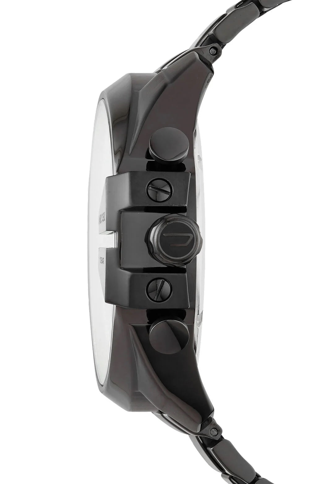 Side profile of the Diesel DZ4318 highlighting the large black stainless steel case, textured crown, and chronograph pushers.
