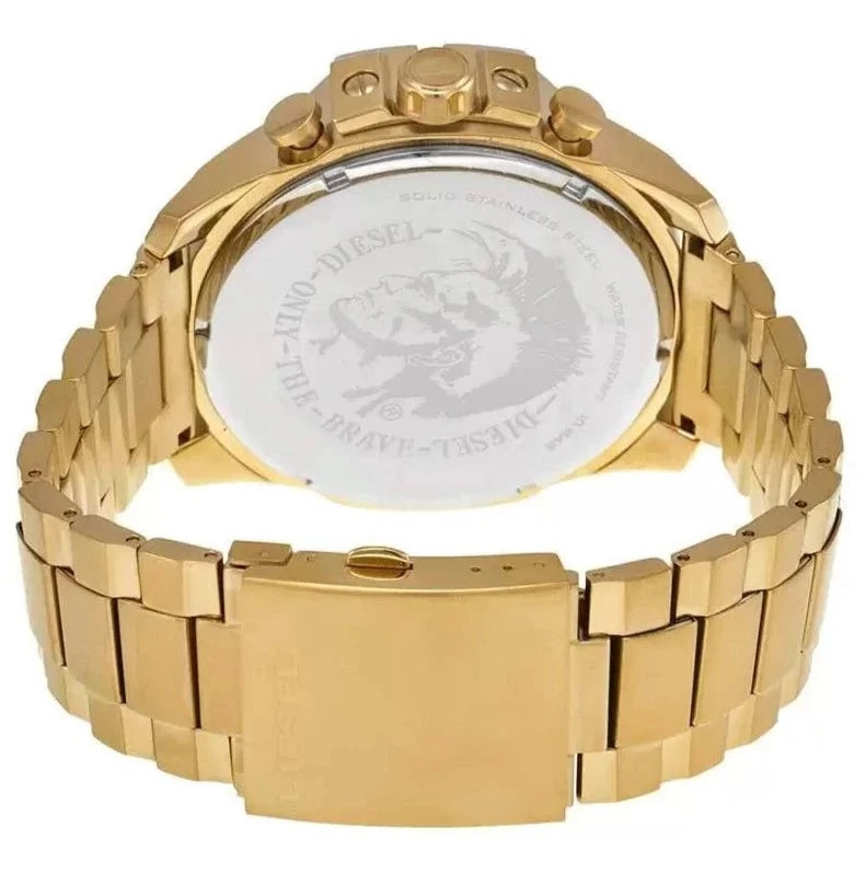Rear view of the Diesel DZ4360 highlighting the gold-tone stainless steel link bracelet and secure deployment clasp.