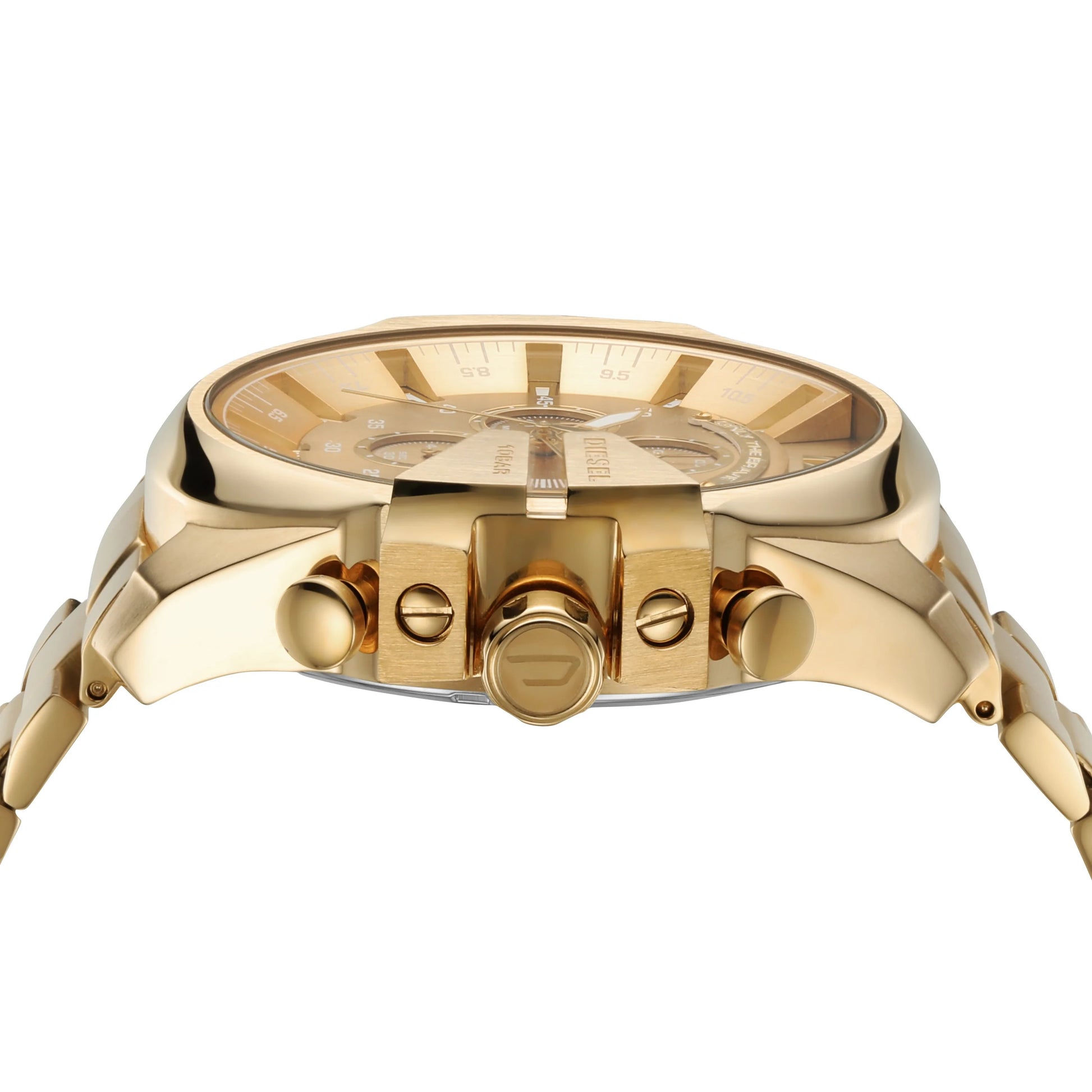 Side profile of the Diesel DZ4360 highlighting the thick gold stainless steel case, industrial-style crown, and chronograph pushers.