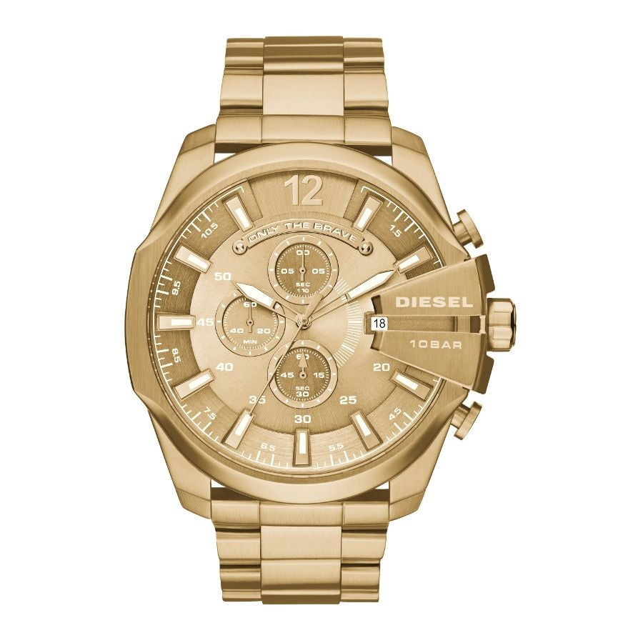 Front view of the Diesel DZ4360 Mega Chief men's watch in all-over yellow gold-tone stainless steel with a textured gold dial.