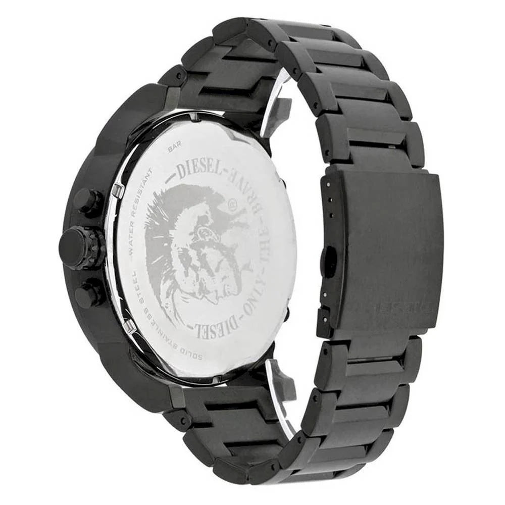 Rear view of the Diesel DZ7312 men's watch highlighting the black stainless steel link bracelet with an open deployment clasp and solid case back.
