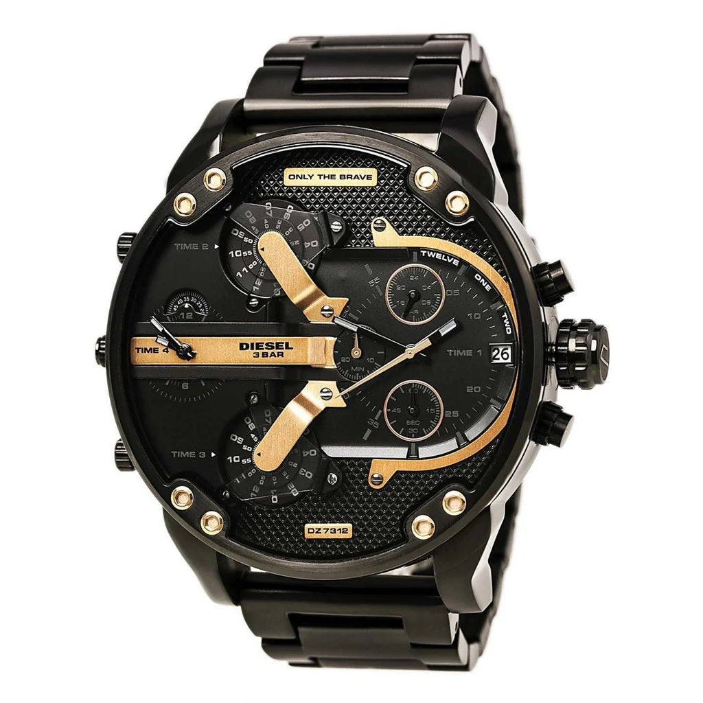 Angled view of the Diesel DZ7312 showcasing its complex multi-time zone display, black stainless steel finish, and rose gold hardware.