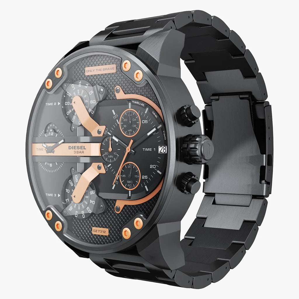 Angled side profile of the Diesel DZ7312 highlighting the thick black stainless steel case, textured crown, and chronograph pushers.