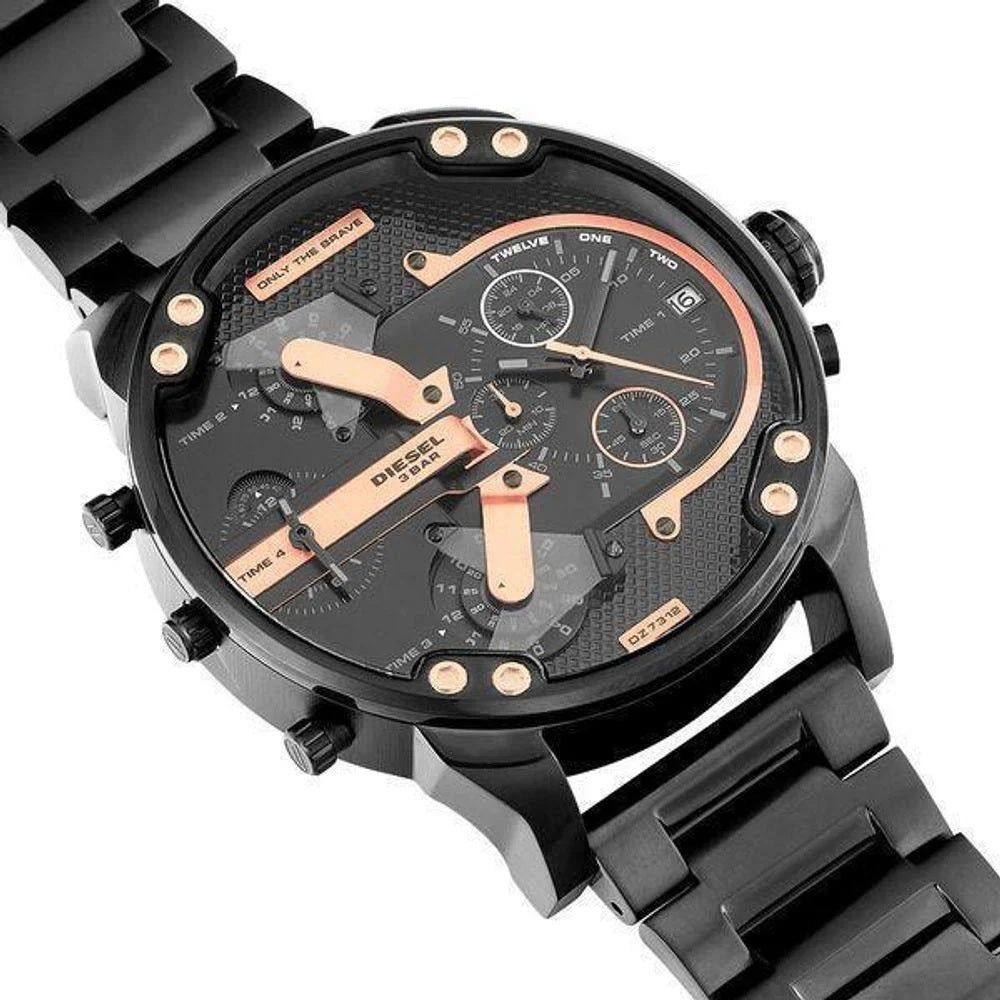 Close-up angled view of the Diesel DZ7312 highlighting the layered mechanical dial design, multi-time zone features, and rose gold screw details.