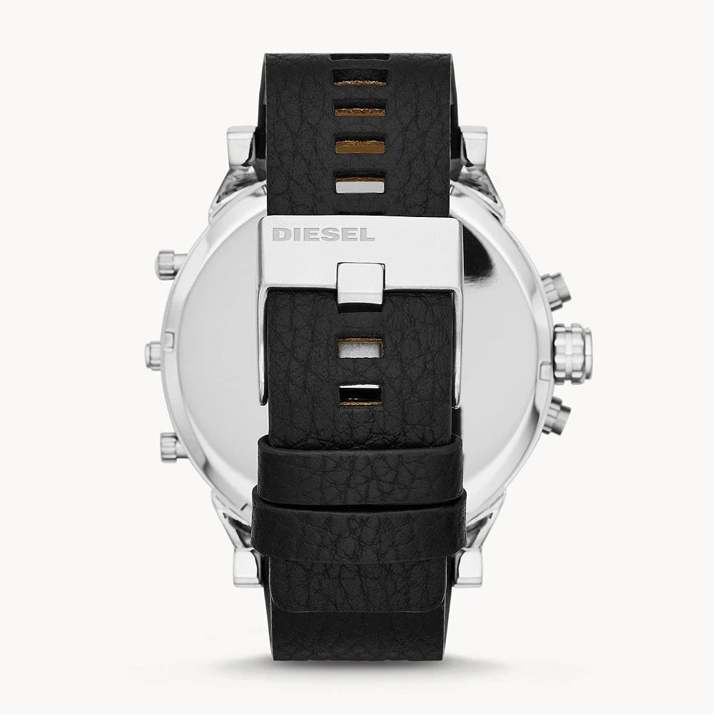 Rear view of the Diesel DZ7313 men's watch highlighting the black leather strap with a silver-tone tang buckle and solid case back.