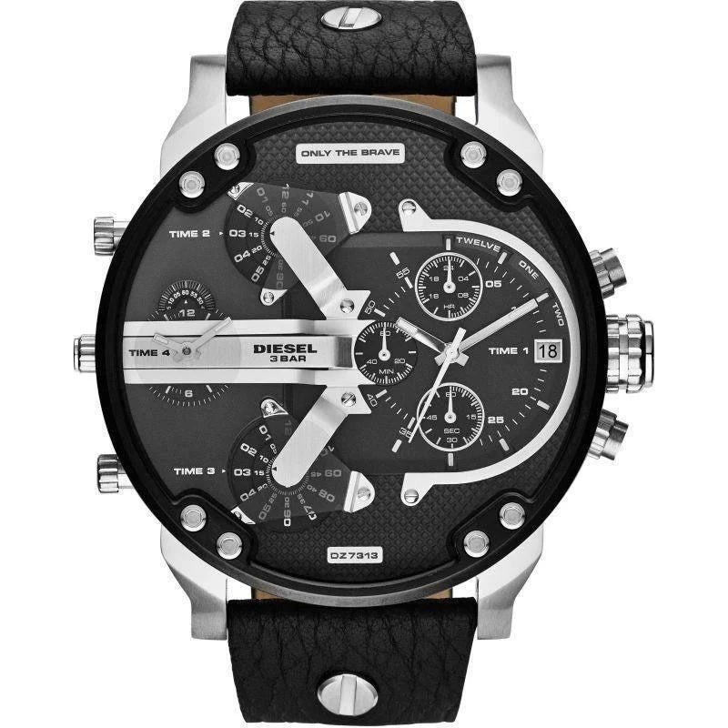 Straight-on view of the Diesel DZ7313 showcasing its complex multi-time zone display, black dial, and silver-tone hardware.