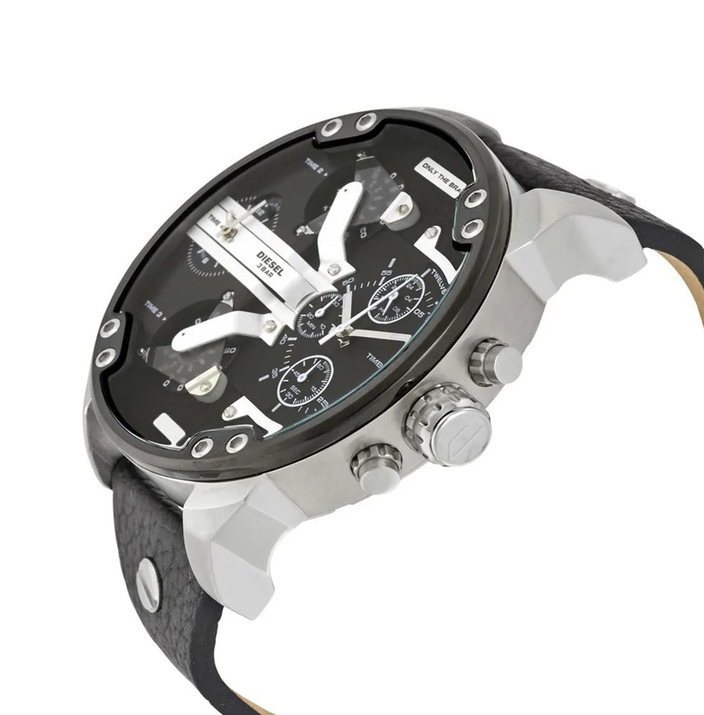 Angled view of the Diesel DZ7313 highlighting the thick silver-tone stainless steel case, textured crown, and black leather band.
