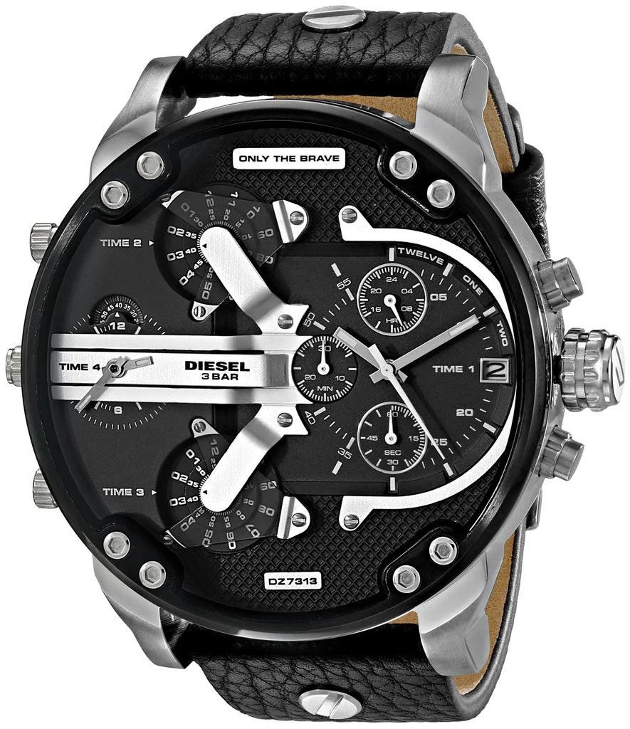 Front view of the oversized Diesel DZ7313 Mr. Daddy 2.0 men's watch featuring a silver-tone case, textured black dial, and black leather strap.