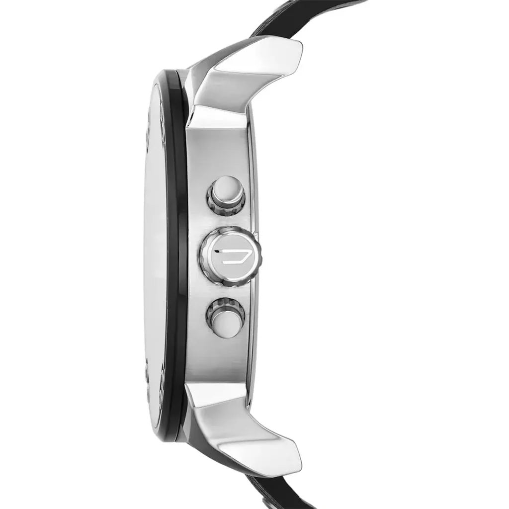 Side profile of the massive Diesel DZ7313 watch showing the silver-tone case thickness, textured crown, and chronograph pushers.