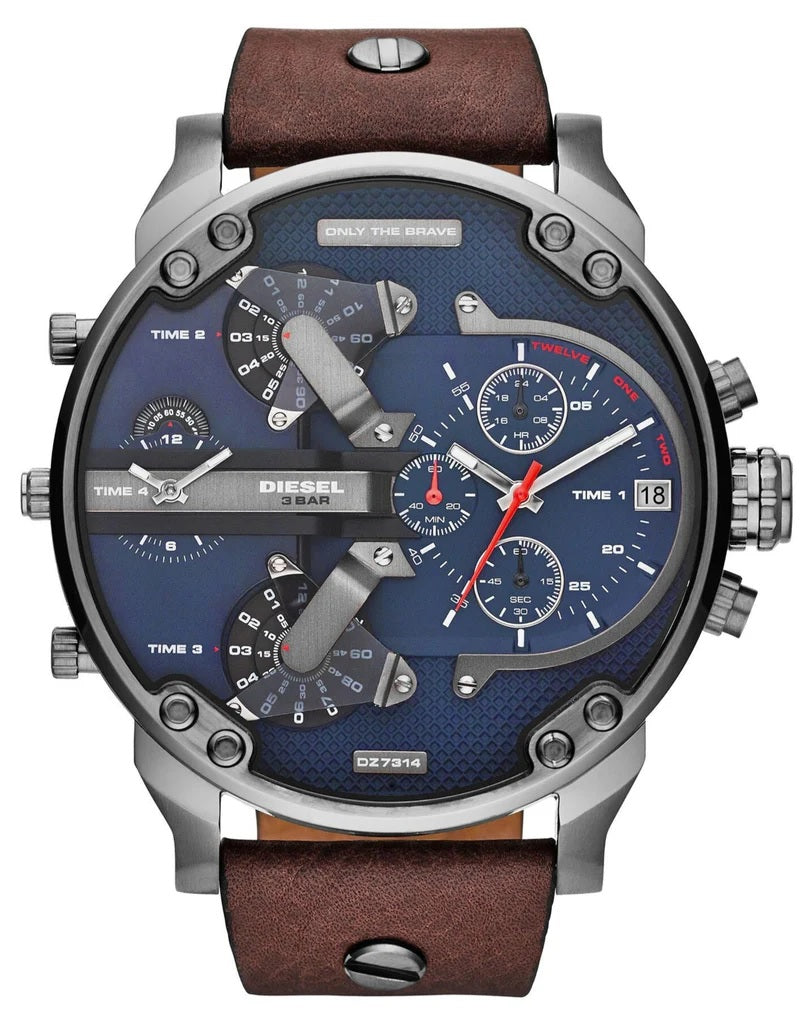 Straight-on view of the Diesel DZ7314 showcasing the unique blue glass finish over the complex multi-time zone black dial.
