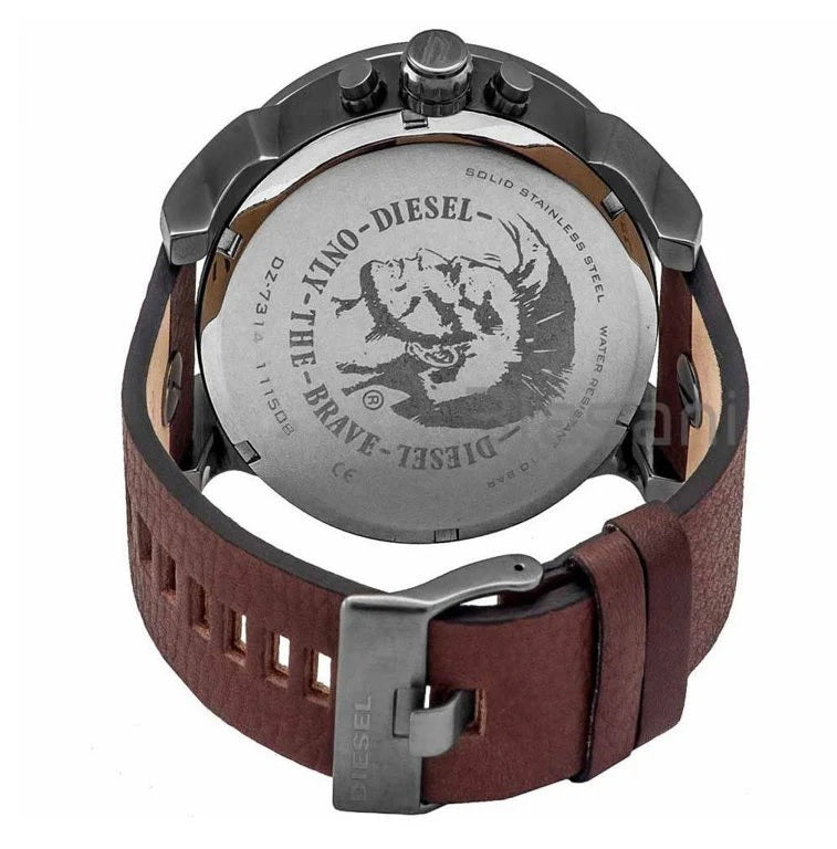 Rear view of the Diesel DZ7314 highlighting the genuine brown leather strap with stainless steel tang buckle and engraved case back.