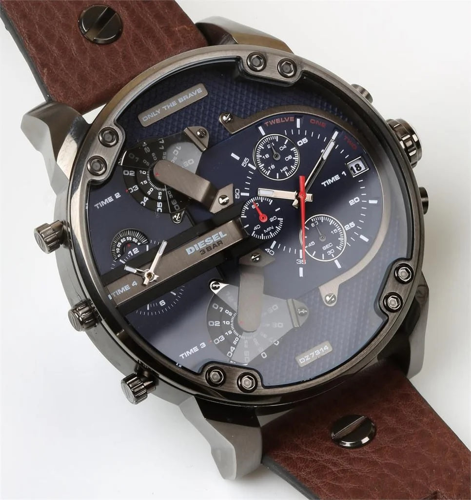 Angled view of the Diesel DZ7314 highlighting the iridescent blue crystal reflection and the rugged stainless steel case.