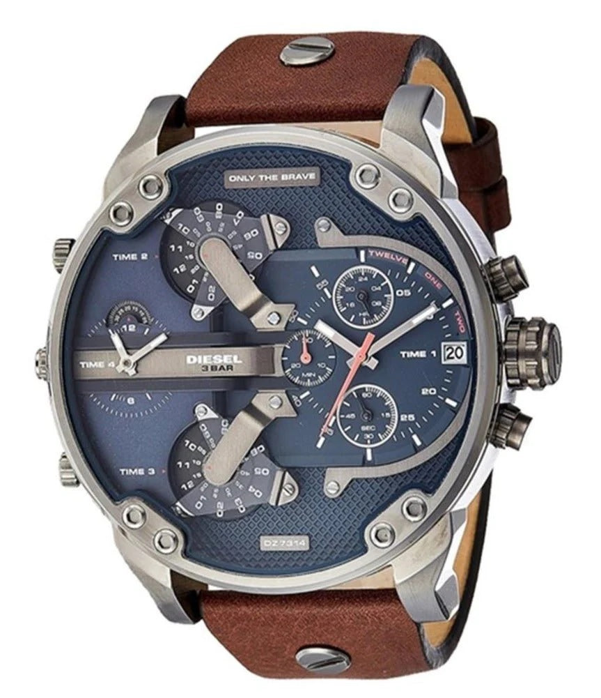 Front view of the oversized Diesel DZ7314 Mr. Daddy 2.0 men's watch featuring a blue-tinted crystal dial, stainless steel case, and brown leather strap.
