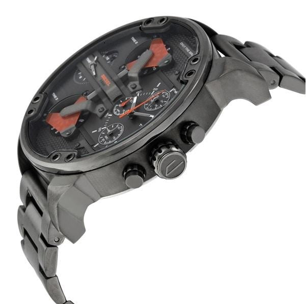 Angled view of the Diesel DZ7315 showcasing its complex multi-time zone display, gunmetal hardware, and striking orange dial details.