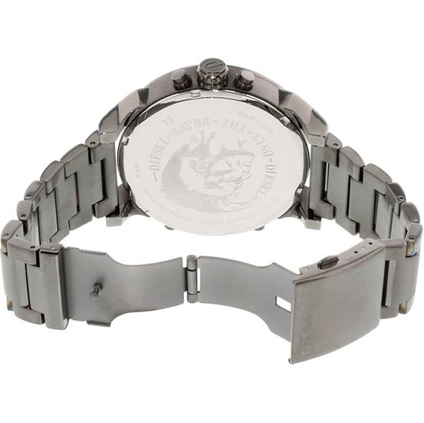 Rear view of the Diesel DZ7315 men's watch highlighting the gunmetal stainless steel link bracelet with an open deployment clasp and solid case back.