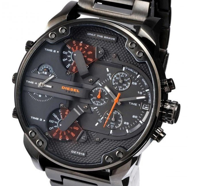 Close-up of the intricate dark grey dial on the Diesel DZ7315 watch, highlighting the textured mechanical layers and vibrant orange sub-dials.